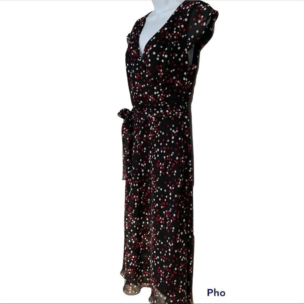 Jonathan Martin Black Polka Dot V-Neck Multicolor Midi dress Size 10